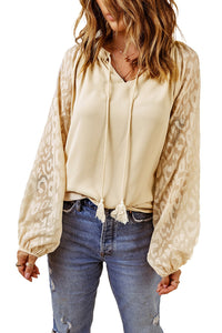 Beige Leopard Mesh Bubble Sleeve Split Neck Blouse | Tops/Blouses & Shirts