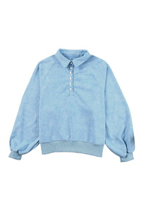 Sky Blue Washed Snap Buttons Lantern Sleeve Pullover Sweatshirt | Tops/Sweatshirts & Hoodies