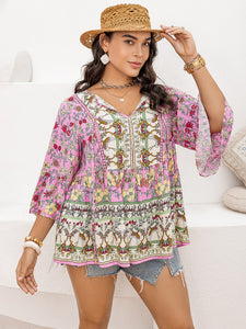 Tie Neck Bohemian Blouse | Plus Size Three-Quarter Sleeve Top