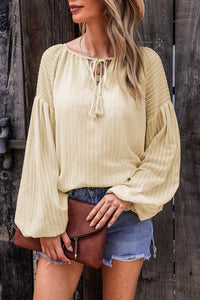 Drawstring Blouse | Apricot Lantern Sleeve Stripe Tassel