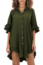 Load image into Gallery viewer, Pleated Shirt Dress | Green High-Low Hem Ruffle Sleeve Dress
