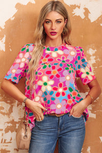 Purple Boho Flower Print Puff Short Sleeve Top | Tops/Tops & Tees