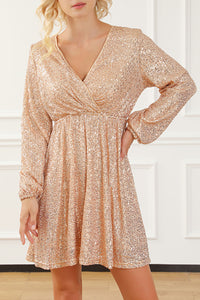 Sequin Dress | Apricot Wrapped V-neck Dress