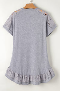 Light Grey Lace Floral Patchwork Ruffled T-shirt Dress | Dresses/T Shirt Dresses