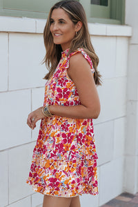 Mini Dress | Fiery Red Ruffle Tiered Sleeveless Floral Dress