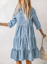 Load image into Gallery viewer, Sky Blue Ruffled Denim Full Buttoned Midi Dress | Dresses/Midi Dresses
