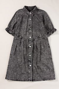 Denim Dress | Medium Grey Mineral Wash Ruffled Short Sleeve