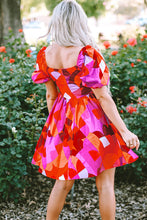 Load image into Gallery viewer, Red Abstract Print Square Neck Puff Sleeve Dress | Dresses/Mini Dresses
