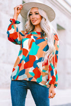 Load image into Gallery viewer, Multicolor Abstract Pattern Crewneck Ruffled Puff Sleeve Blouse | Tops/Blouses &amp; Shirts
