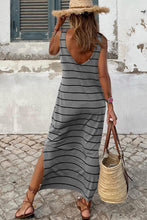 Load image into Gallery viewer, Gray Stripe Print Open Back Sleeveless Maxi Dress with Slits
