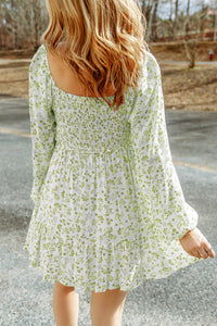 Pear Green Boho Floral Smocked Puff Sleeve Mini Dress | Dresses/Floral Dresses