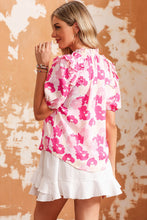 Load image into Gallery viewer, Pink Split Neck Ruffled Puff Sleeves Floral Top | Tops/Tops &amp; Tees
