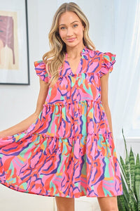 Tiered Dress | Full Size Printed Ruffle Cap Sleeve Mini Dress