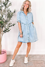Load image into Gallery viewer, Beau Blue Mineral Wash Ruffled Short Sleeve Buttoned Denim Dress | Dresses/Mini Dresses
