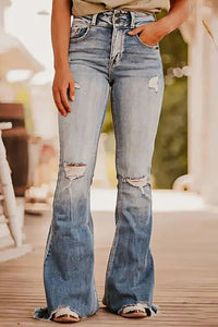 Dusk Blue Vintage Light Wash Ripped Raw Edge Flare Jeans | Bottoms/Jeans