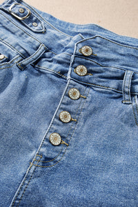 Dusk Blue Button Fly High Waist Roll Edge Denim Shorts | Bottoms/Denim Shorts