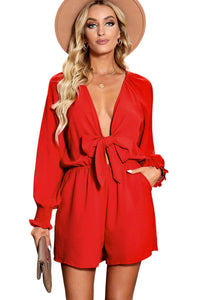 Fiery Red Tie Knot Puff Long Sleeve Romper | Bottoms/Jumpsuits & Rompers