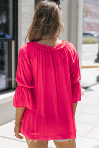 Rose Frilled Split V Neck Ruffled Sleeve Shift Top | Tops/Blouses & Shirts