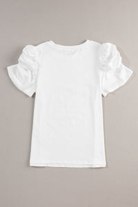 Puff Sleeve Top | White Ruched Crew Neck Tee