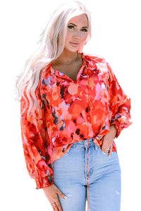 Womens Blouse | Fiery Red Floral Print Split Neck Tassel Tie Blouse | Tops/Blouses & Shirts