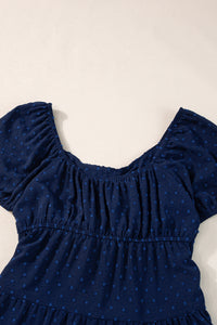 Puff Sleeve Dress | Navy Blue Swiss Dot Crossover Tiered Dress