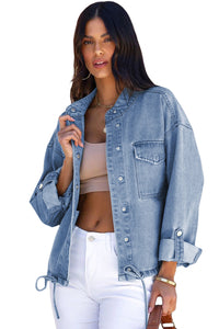 Sky Blue Roll-Up Tab Sleeve Button Down Pocket Denim Jacket | Outerwear/Denim jackets