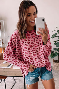 Pink Animal Print Stitching Loose Long Sleeve Top | Tops/Long Sleeve Tops