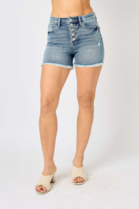 Judy Blue Jean Shorts-Judy Blue Full Size Button Fly Raw Hem Denim Shorts | blue jean shorts