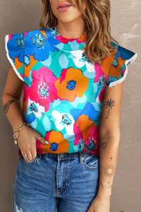 Sky Blue Multicolor Abstract Print High Neck Flutter Sleeves Top | Tops/Tops & Tees