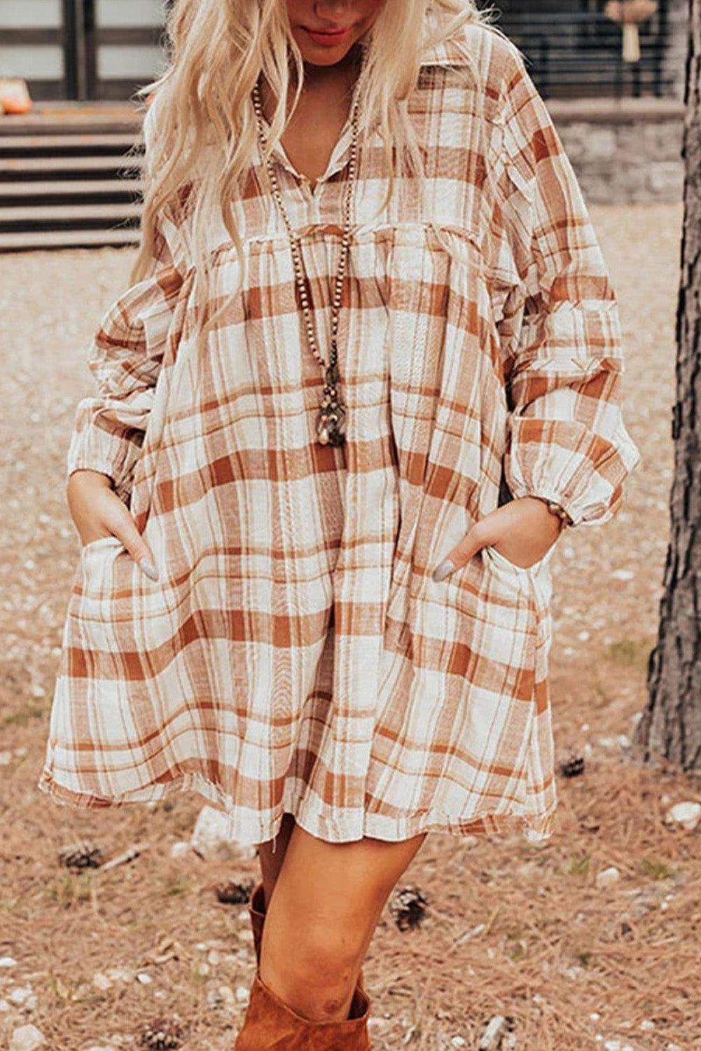 Brown Plaid Print Babydoll Mini Dress | Dresses/Mini Dresses