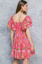 Load image into Gallery viewer, Pink Floral Square Neck Ruffle Sleeve Tiered Dress | Dresses/Floral Dresses
