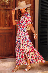 White Floral Print Short Sleeve Buttoned Split Maxi Dress | Dresses/Floral Dresses