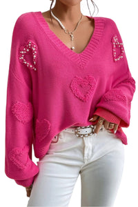 Rose Red Fuzzy Hearts V Neck Sweater