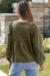 Pleated Loose Blouse | Green Embroidered Split Neck