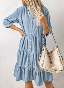 Sky Blue Ruffled Denim Full Buttoned Midi Dress | Dresses/Midi Dresses