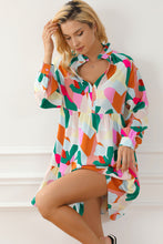 Load image into Gallery viewer, Multicolour Geometric Print Stand Neck Balloon Sleeve Ruffled Dress
