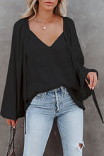 Load image into Gallery viewer, Black Tie V Neck Pleated Puff Sleeve Satin Blouse | Tops/Blouses &amp; Shirts
