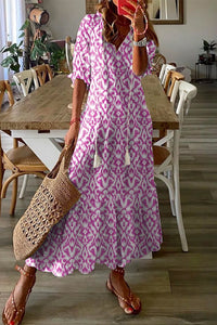 Pink V Neck Casual Geometric Print Maxi Dress | Dresses/Maxi Dresses