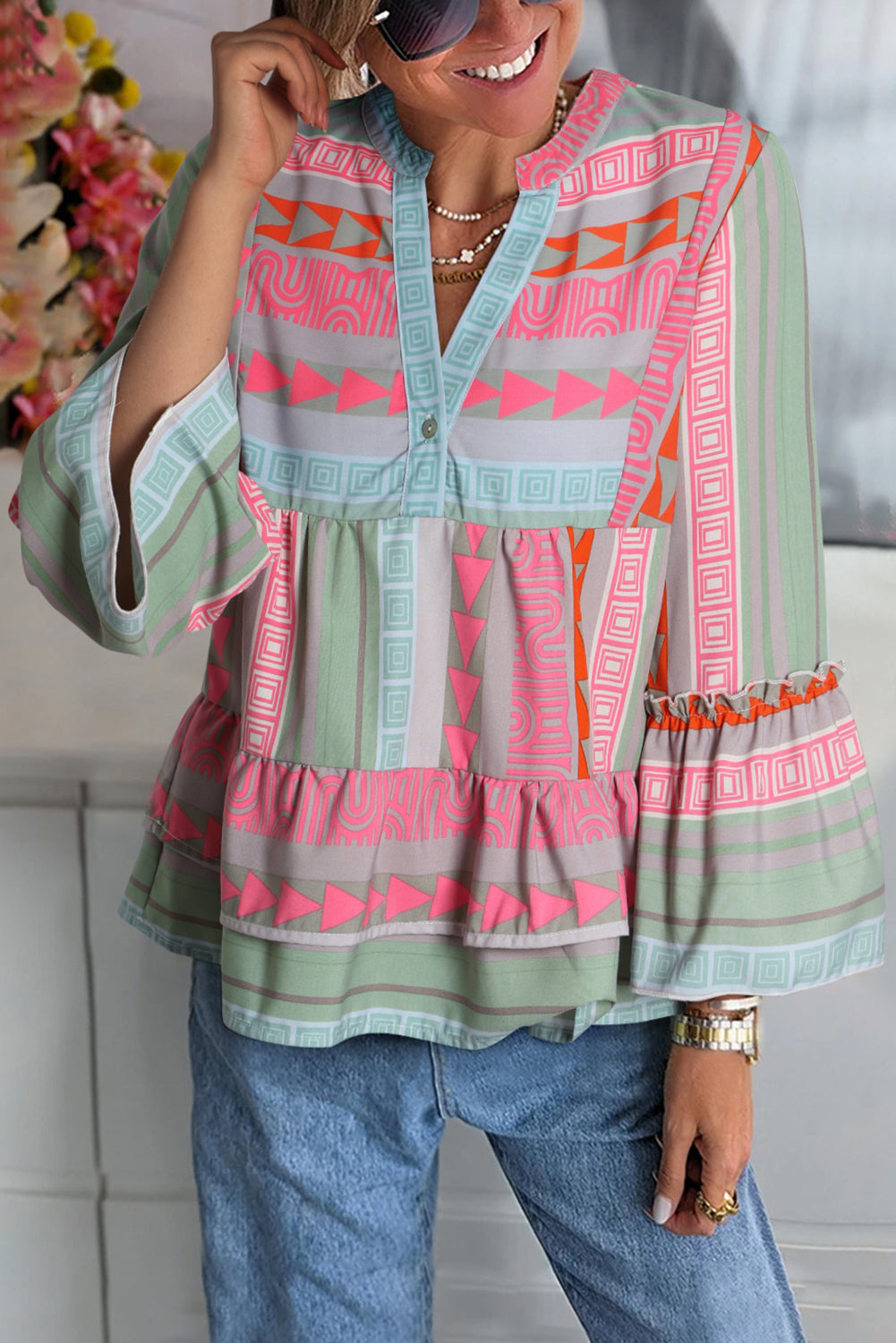 Multicolour Boho Geometric Print Split Neck Ruffle Blouse | Tops/Blouses & Shirts