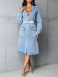 Denim Shacket Dress Pockets Buttons