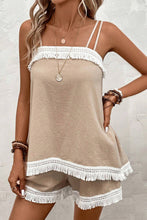 Load image into Gallery viewer, Pale Khaki Fringe Crochet Double Strap Tank Top and Shorts Set | Two Piece Sets/Short Sets
