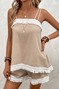 Pale Khaki Fringe Crochet Double Strap Tank Top and Shorts Set | Two Piece Sets/Short Sets