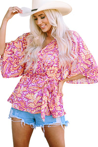 Boho Floral Print Belted Surplice Blouse | Tops/Blouses & Shirts