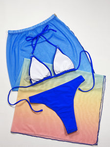 Womens Swimsuit Set | Gradient Halter Neck Three-Piece Swim Set | Swimwear/High Waisted Swimsuit