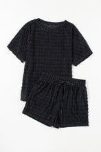 Load image into Gallery viewer, Drawstring Shorts Set | Black Frill Short Sleeve Top and Shorts
