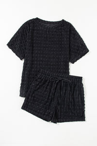 Drawstring Shorts Set | Black Frill Short Sleeve Top and Shorts