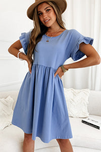 Sky Blue Round Neck Ruffle Sleeve Loose Dress | Dresses/Mini Dresses