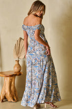 Load image into Gallery viewer, Blue Boho Paisley Print Off Shoulder Maxi Dress | Dresses/Floral Dresses
