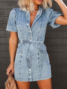 Womens Mini Dress-Puff Sleeve Button Up Mini Denim Dress