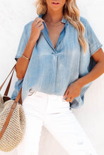 Load image into Gallery viewer, Sky Blue Split V Neck Oversized Denim Blouse | Tops/Blouses &amp; Shirts
